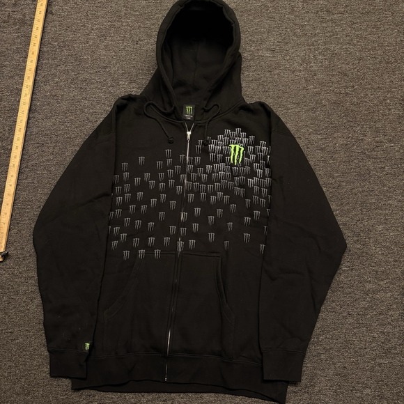 Monster Energy Other - Monster Energy All Over Print Logo Zip Up Hoodie Black Green Embroidered XL Y2K